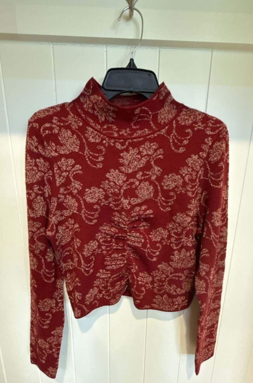 Anthropologie Metallic Floral Mock Neck Ruched Top Size L